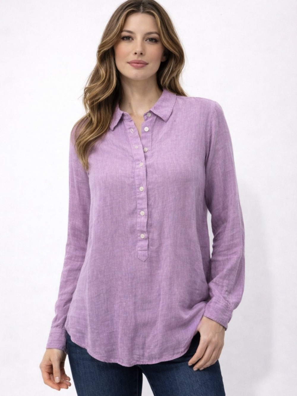 Talbots linen Lavender Button-Up‎ Long-Sleeve Tunic petite L